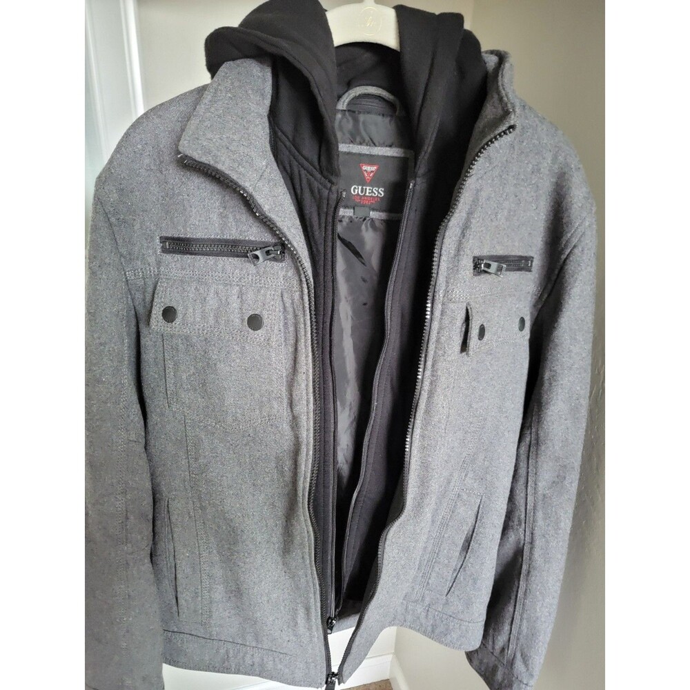 GUESS Los Angeles Men’s Wool Blend Jacket Coat Gray Hooded Zip Front Size M